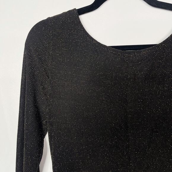 Silence + Noise L Black Gold Open Back Shimmer Long Sleeve Mini Dress Bodycon - Picture 3 of 11